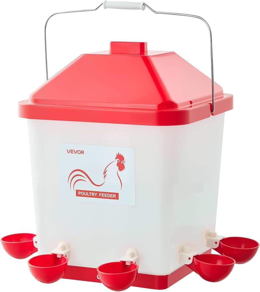 VEVOR 5 Gallon Automatic Chicken Waterer, 6 Water Ports, Automatic-Fill Water Cup, Automatic Gravity Waterer with Handle & Sealed Rubber Ring, Waterproof PP Material, No Waste Design, for Chicken