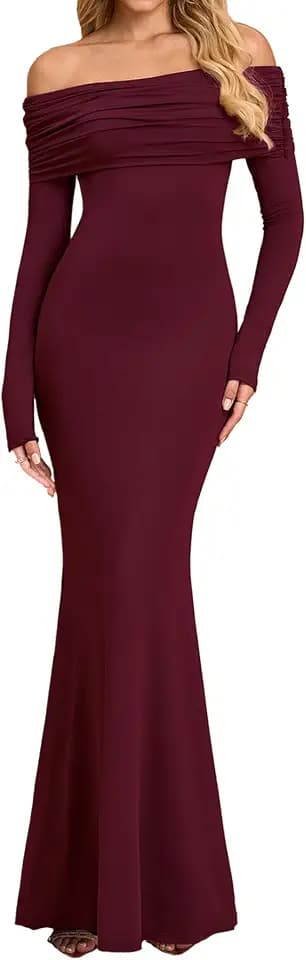 URYIAO Women Off The Shoulder Long Sleeve Maxi Dress Ruched Bodycon Winter Formal Wedding Guest Dresses