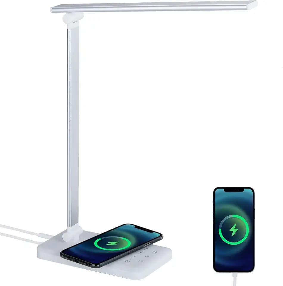 Schreibtischlampe, LED Tischlampe mit Wireless Charging, 5 Farben und 10 Helligkeitsstufen Dimmbar mit USB-Anschluss, Schreibtischleuchte Augenschutz, Leselicht für Zimmer Büro, Weiß