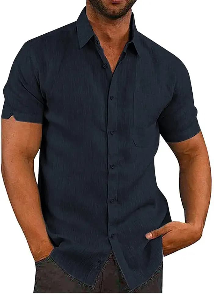 JEKAOYI Button Down Short Sleeve Linen Shirts for Men Summer Casual Cotton Spread Collar Beach Shirts