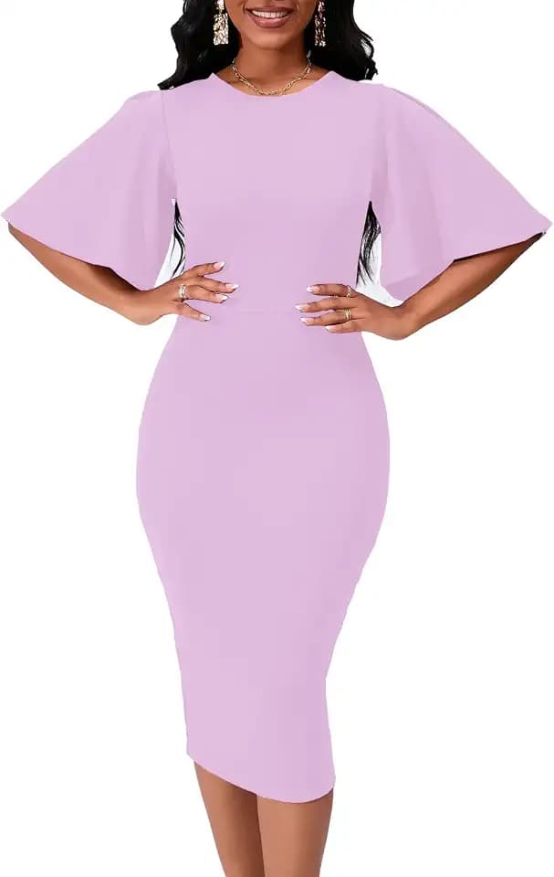WanMem Womens Basic Bodycon Ruffle Flared Short Sleeve Pencil Midi Dress