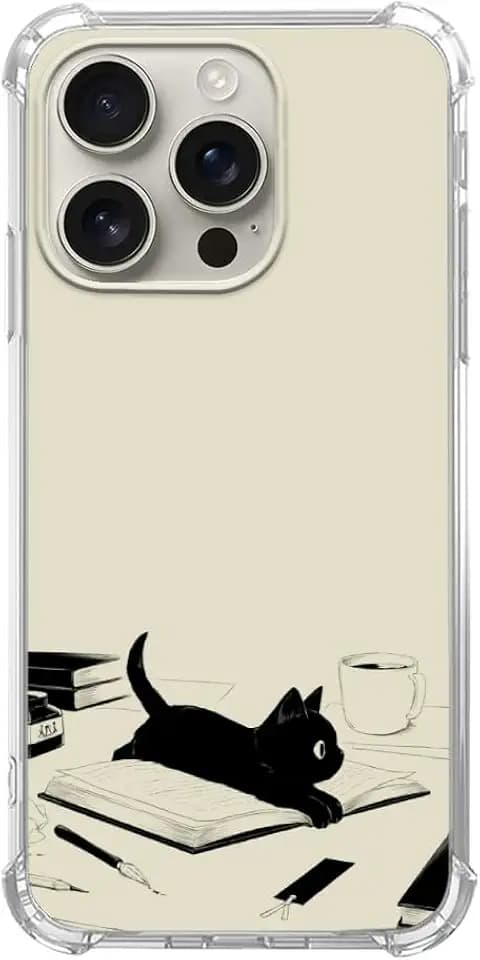 Black Cat and Books Case Compatible with iPhone 16 Pro Max, Cute Black Cat Case for iPhone 16 Pro Max, Cool TPU Bumper Phone Case Cover