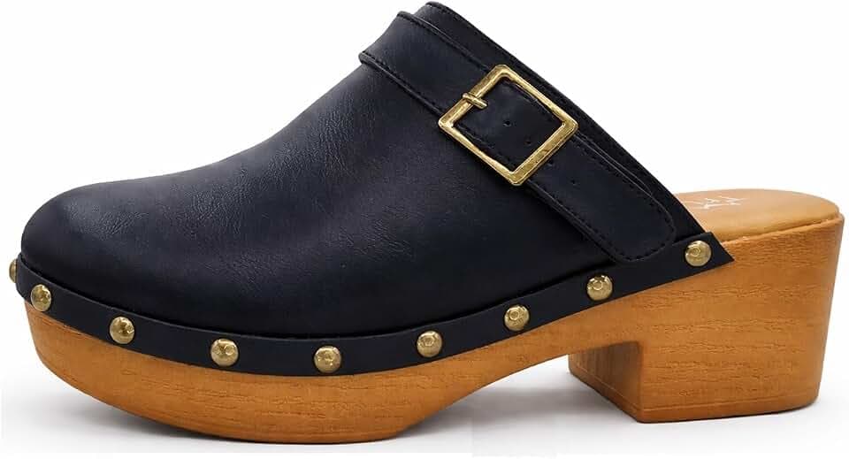 TruFox Women's Clogs Mules Faux Wood Platform Heel Comfortable Studded