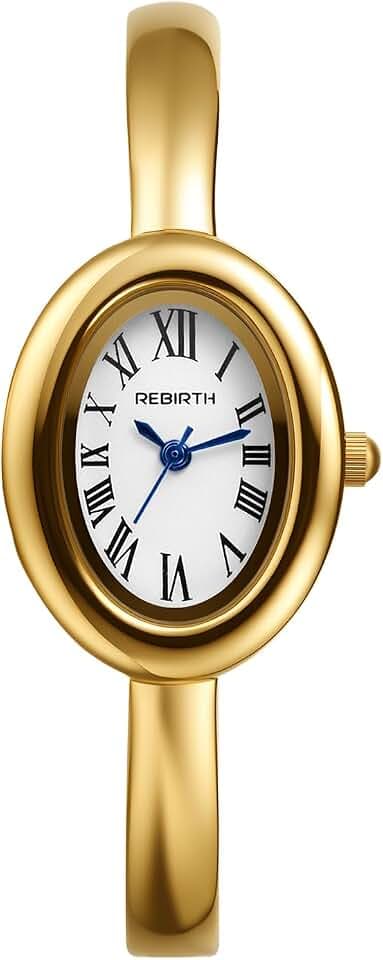 JewelryWe Damenuhr Kleine Ovale Armreif-Uhr 3ATM Wasserdicht Analog Quarz Armbanduhr Spangeuhr Damen Schmales Metallarmband Armreif Armspange Quarzuhr mit Römischen Ziffern