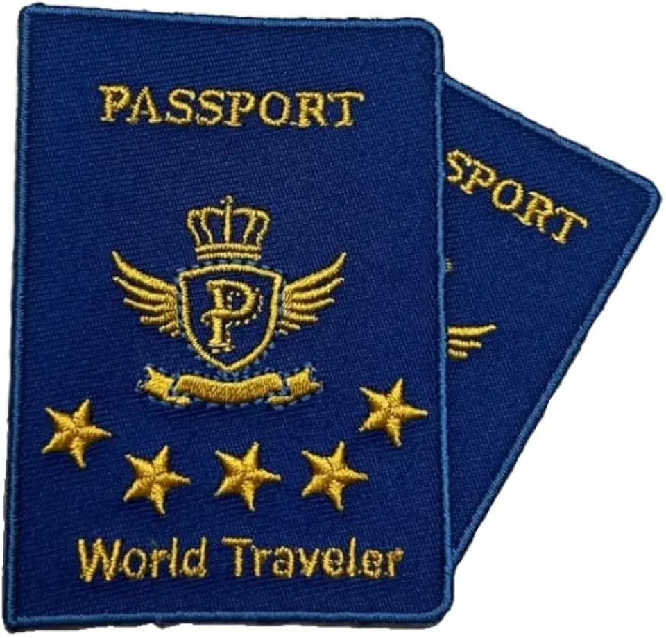 Patch Party Club World Traveler, Gold Passport Patch, 1 Pc, Size 3x3 Inches, Rectangular, Iron-On, Embroidered, Casual, Expressive, Colorful, Travel, Fabric Applique Patch