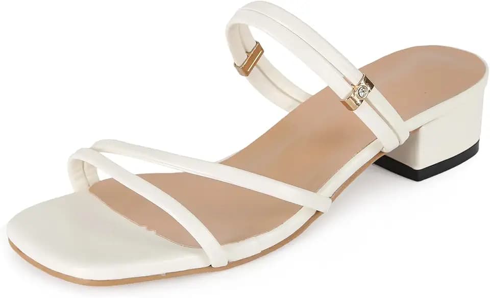 Women's Strappy Sandals Low Block Heel – Square Toe Off-White Minimalist Summer Sandals with Slingback Strap – Casual Dress Sandals for Office, Travel, and Daily Wear