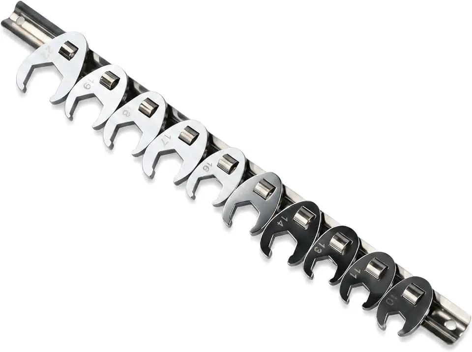 10-Teiliges Hahnenfußschlüssel Set, 3/8" Antrieb Metrisch 10-22 mm, Krähenfußschlüssel aus Kohlenstoffstahl, Hochglanzverchromt Maulschlüssel Set für Enge Räume, inkl. Aufbewahrungsschiene