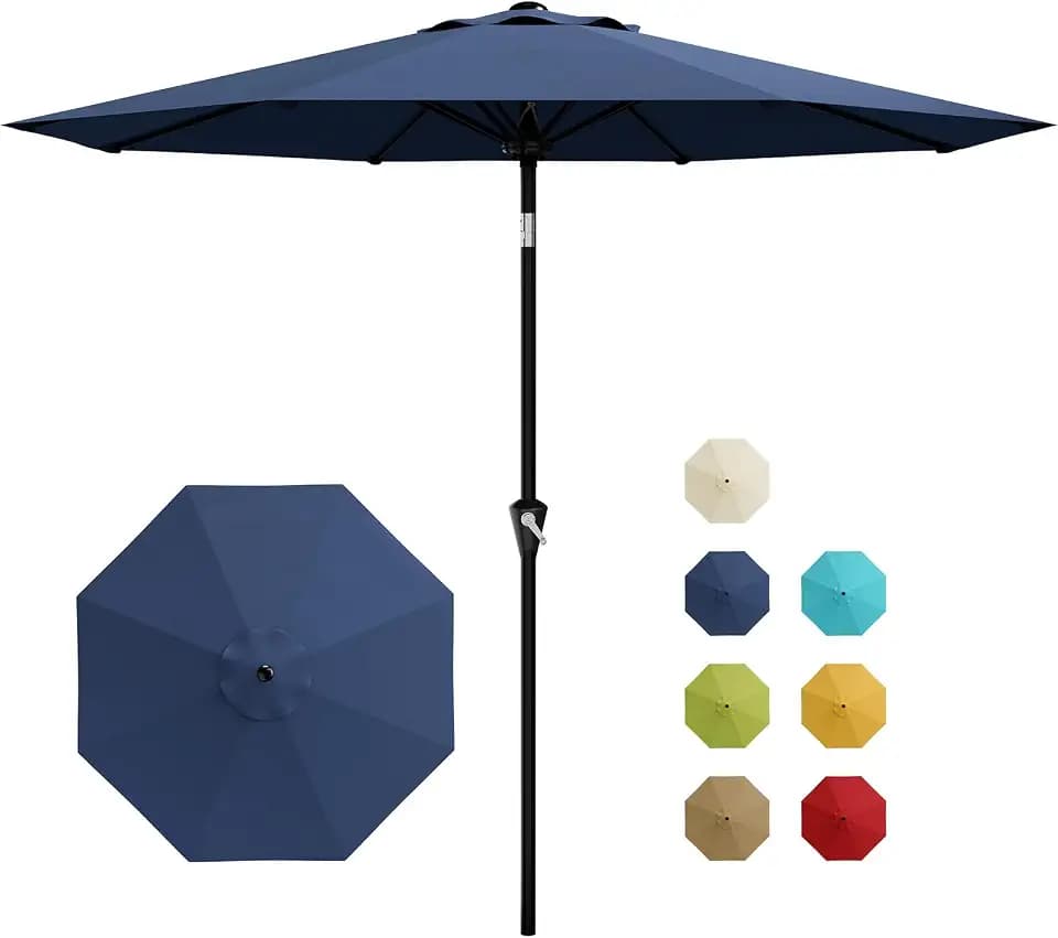 Garvee 9ft Outdoor Patio Umbrella - Market Table Pool Deck Umbrella UPF50+ UV Protection with Push Button Tilt, Crank and 8 Sturdy Ribs (Navy Blue)