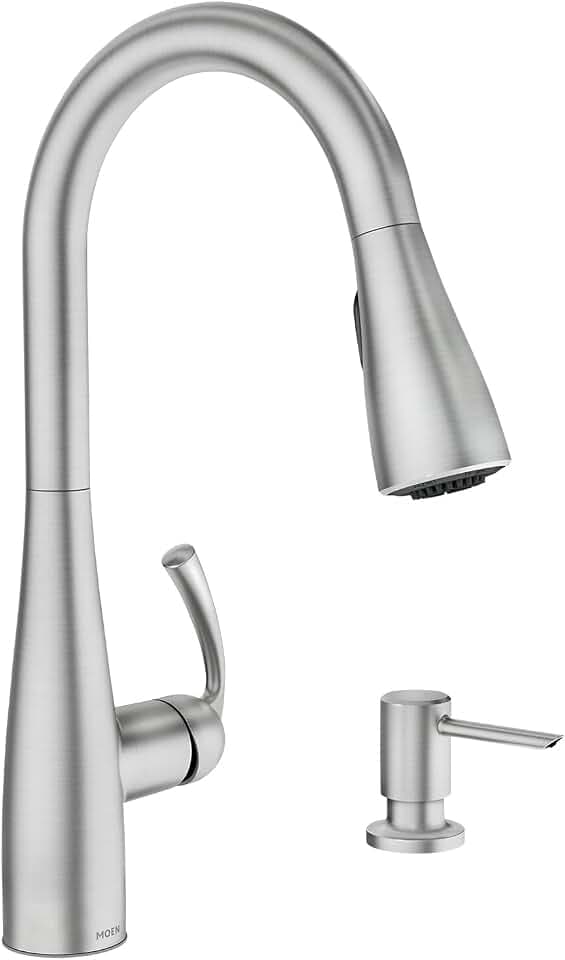 Moen Essie Spot Resist Stainless Pulldown Sprayer Kitchen Sink Faucet Set with Modern Pump Soap Dispenser, 87014SRS
