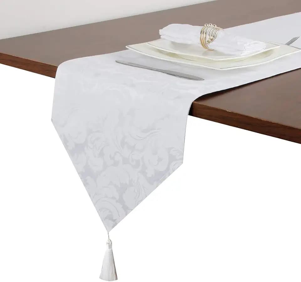 EHouseHome Jacquard Damask Reversible White Table Runners with Tassels 13 x 72 inch Wrinkle and Water Resistant Spill-Proof Decorative Dining and Wedding Runners