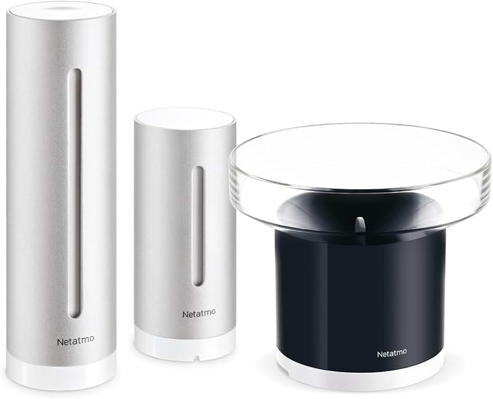 Netatmo Packung mit Wetterstation für Innen und Außen mit drahtlosem Außensensor und intelligentem Regenmesser, Luftfeuchtigkeit, Luftqualität, Geräuschpegel in Innenräumen, Luftdruck, NBU-NWS-NRG-EU