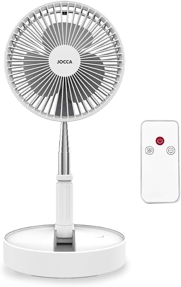 Jocca Standventilator | Faltbar | Akkubetrieb | 3 Geschwindigkeiten | LED Display | 36-98 cm Höhenverstellbar | Fernbedienung | USB-Ladung