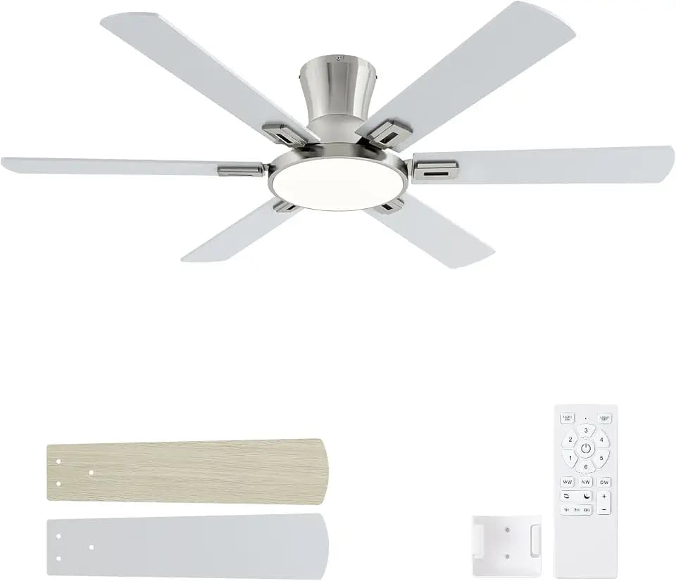 52 Inch Flush Mount Ceiling Fans with Lights, Brushed Nickel Ceiling Fan