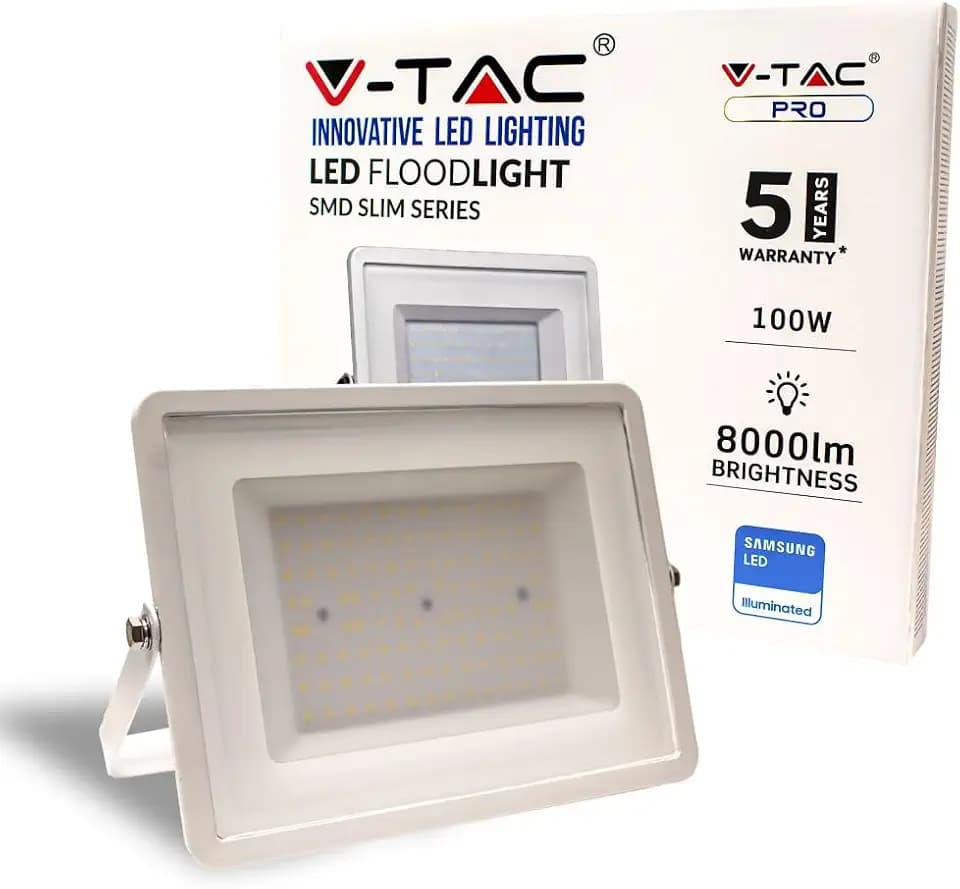 V-TAC VT-100 LED Strahler 100W, IP65 6400K 8000 Lumen, Die Cast Aluminium, 100 W, Weißes Gehäuse