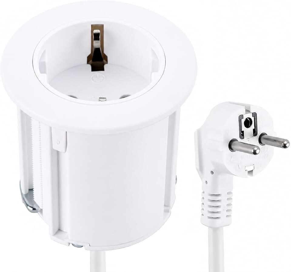 Electraline 62656 Tischplatte Grommet Einbausteckdose, Kunststoff, Silber, Kabel 2M, D 54mm + Adapter für Standardlöcher 60 mm