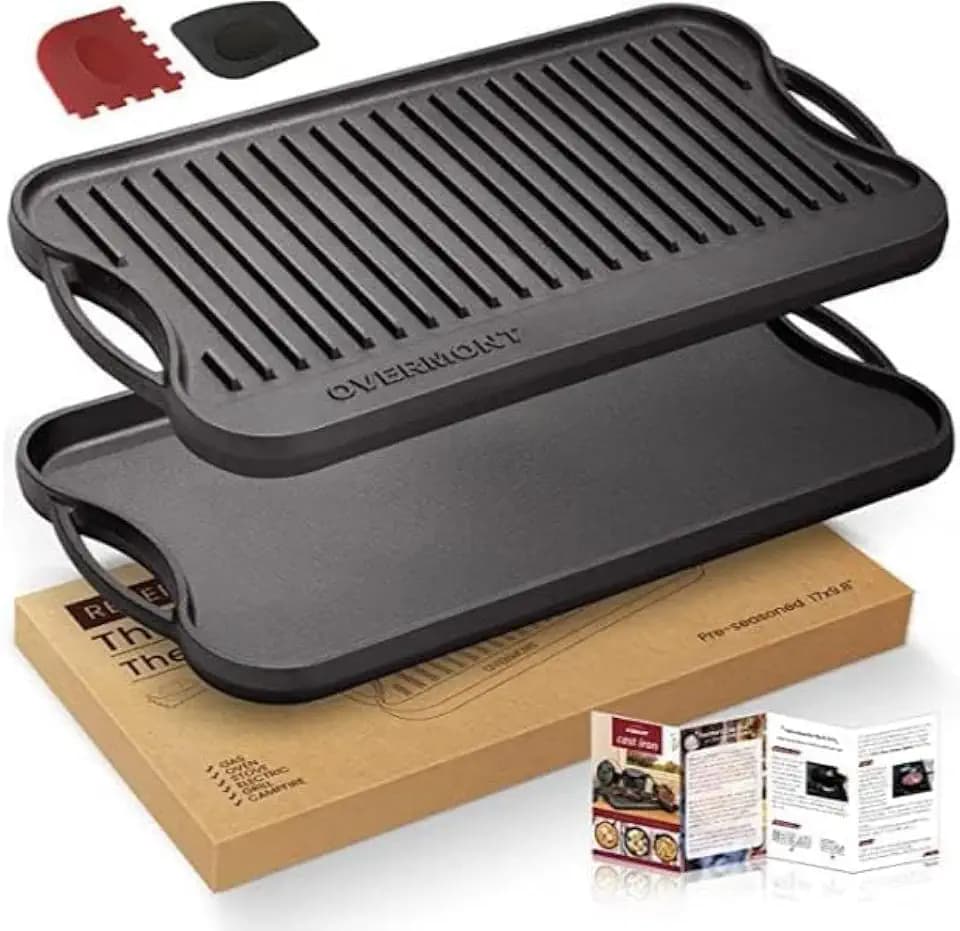 Overmont Grillpfanne aus Gusseisen, wendbar, 43,2 x 24,9 cm, mit Griffen für Gasherd, offenes Feuerofen, ein Tablett, Schaber im Lieferumfang enthalten