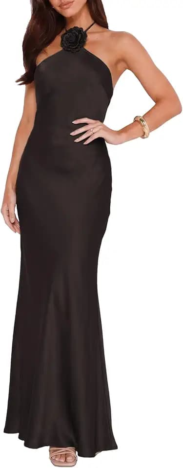 Satin Halter Maxi Dresses for Women Formal Wedding Guest Midi Dress