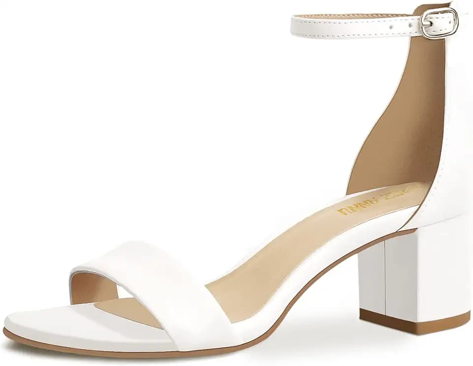 PIZZ ANNU Women's Low Block Chunky Heels Sandals Comfortable Open Toe Ankle Strap Party Dress Pump Shoes Strappy Buckle Heeled Sandal, White 8.5 Wide
