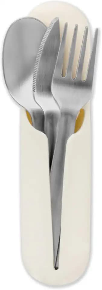 W&P Porter Stainless Steel Utensils with Silicone Carrying Case | Cream | Spoon, Fork & Knife for Meals on the Go | Portable and Compact Set
