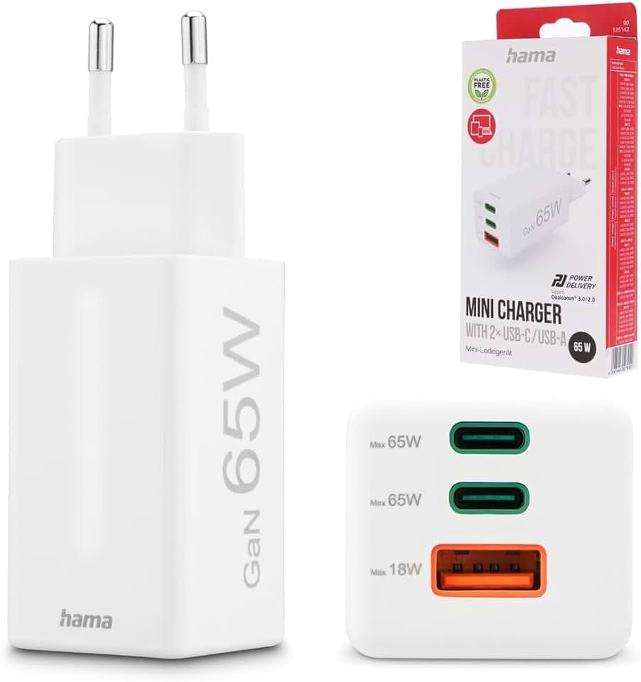 Hama Schnellladegerät USB, Ladegerät mehrfach, USB C/USB A, GaN Charger 65W