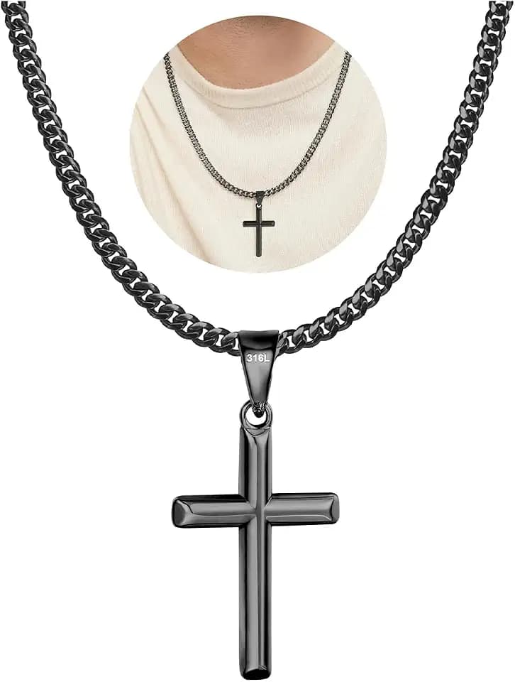 Avotto 316L Stainless Steel Cross Necklace Jewelry Gifts for Men Boys, Silver Gold Black Necklaces 5mm Non-Fading Sturdy Cuban Chain with Cross Pendant 14/16/18/20/22/24Inch
