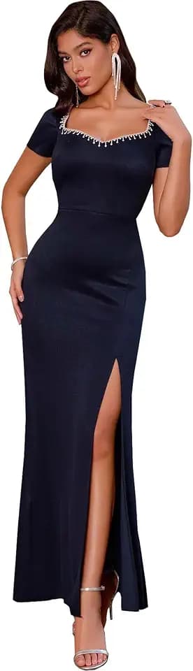 Angel-fashions Damen Elegantes Abendkleid in Marineblau mit quadratischem Ausschnitt, Schlitz und Perlenbesetzten Kragen perfekt für Abschlussbälle
