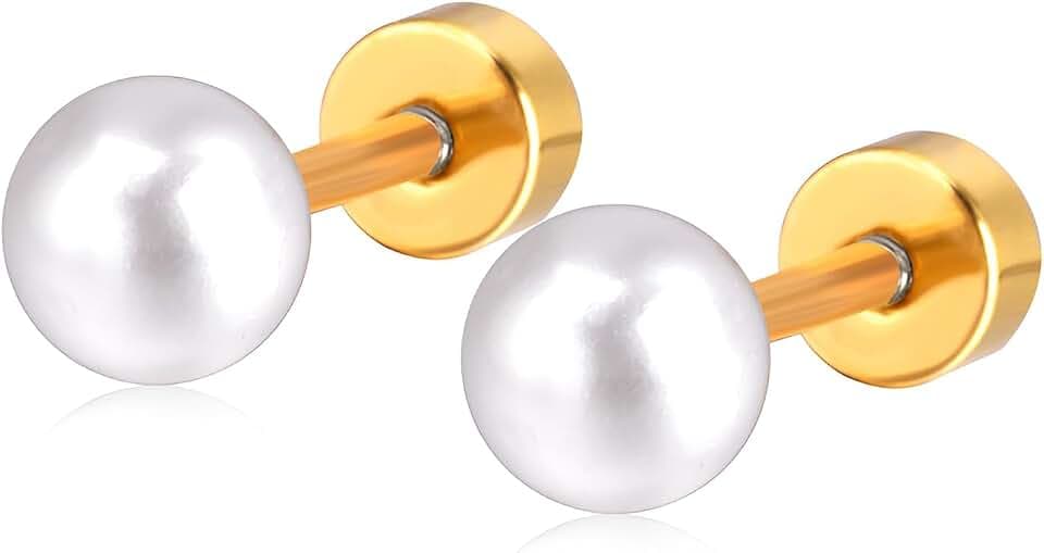 Pearl Stud Earring 1 Pair Stainless Steel Flatback Earrings Hypoallergenic Screwback Jewellery for Sensitive Ears Women Ladies Flat Back Helix Jewelry Aretes De Perlas Para Mujer