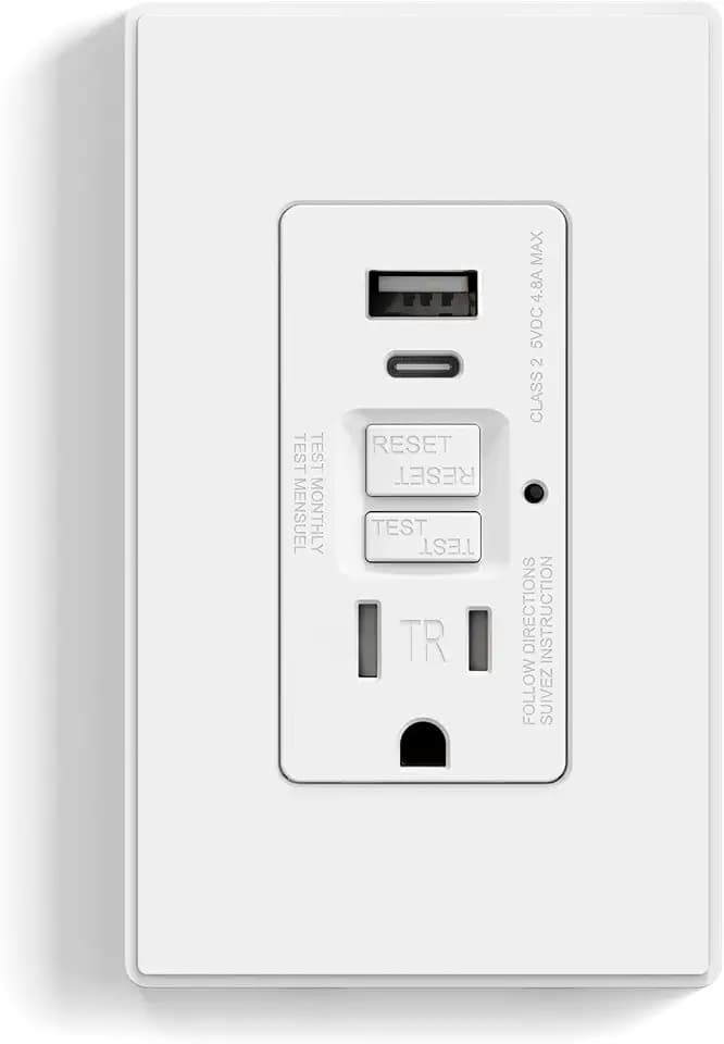 ELEGRP GFCI Outlet with USB Ports, 15 Amp Self-Test GFCI Combination with USB Ports, 24W Max Total Output, Tamper Resistant GFCI USB Outlet with Wall Plate, UL Listed, Matte White, 1 Pack
