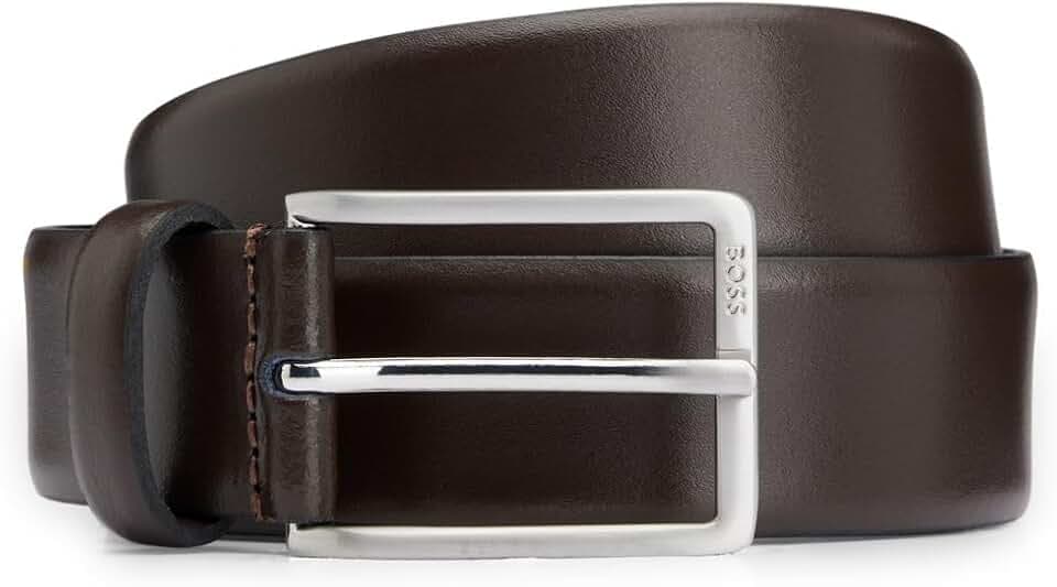 BOSS Herren Erman-L Sz35 Gürtel aus italienischem Leder mit Metalldetails in gebürsteter Silber-Optik