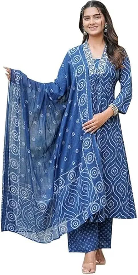 SAYANG Cotton Anarkali Indian Kurti for Women Summer Dress Kurta Pant with Dupatta Set