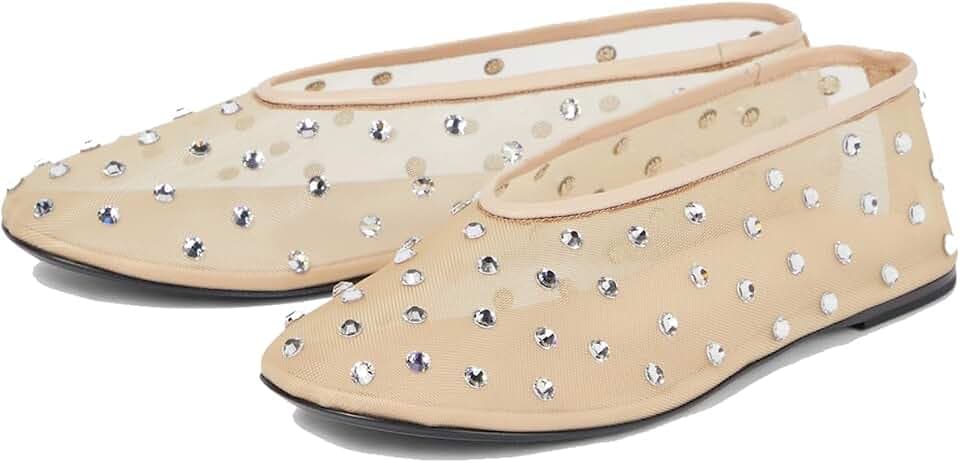 Women's Mesh Ballet Flat Shoes with Glitter Rhinestone Crystal Ballerina Flats Closed Square Toe Comfortable Casual Dress Mary Jane Shoes Ladies