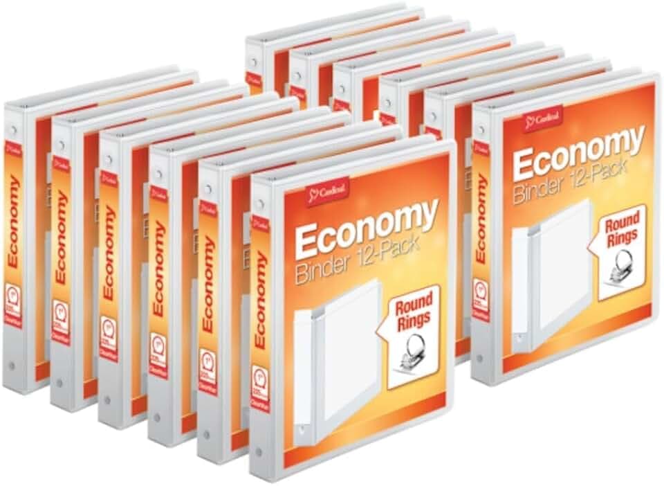 Cardinal Economy 90621 Ringordner, 2,5 cm Rückenbreite, 3 runde Ringe, hält 225 Blatt, ClearVue-Präsentationsansicht, antihaftbeschichtet, Weiß, 12 Stück