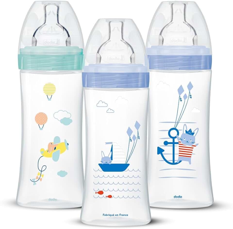 Dodie Babyflaschen, Antikolik Sensation+, für Jungen, 330 ml, +6 Monate, flacher Sauger, Fluss 3, 3er-Set, 3 Stück