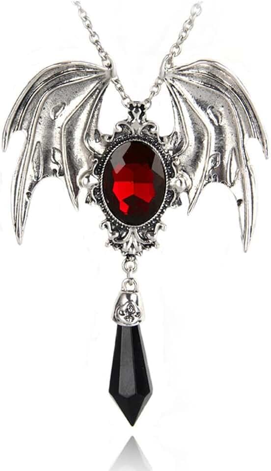 Goth Large Bat Necklace for Women Men Vintage Large Red Black Bat Necklace Silver Big Vampire Bat Chain Necklaces Gothic Bat Themed Items Goth Animal Halloween Jewelry Gifts