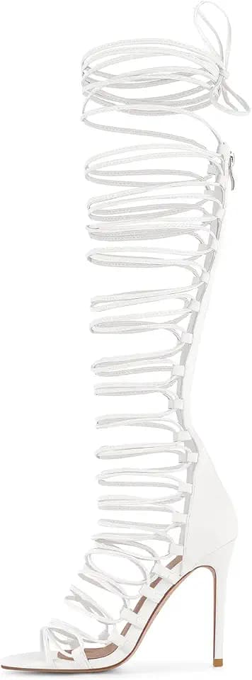 MissHeel Womens Knee High Lace Up Strappy Heels with Zipper Gladiator Stiletto Strap Up Thigh High Heel