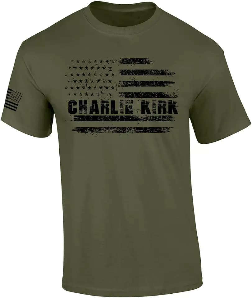 Trenz Shirt Company Men's Graphic T-Shirt - Distressed Charlie Kirk USA Flag Design Short Sleeve Tee