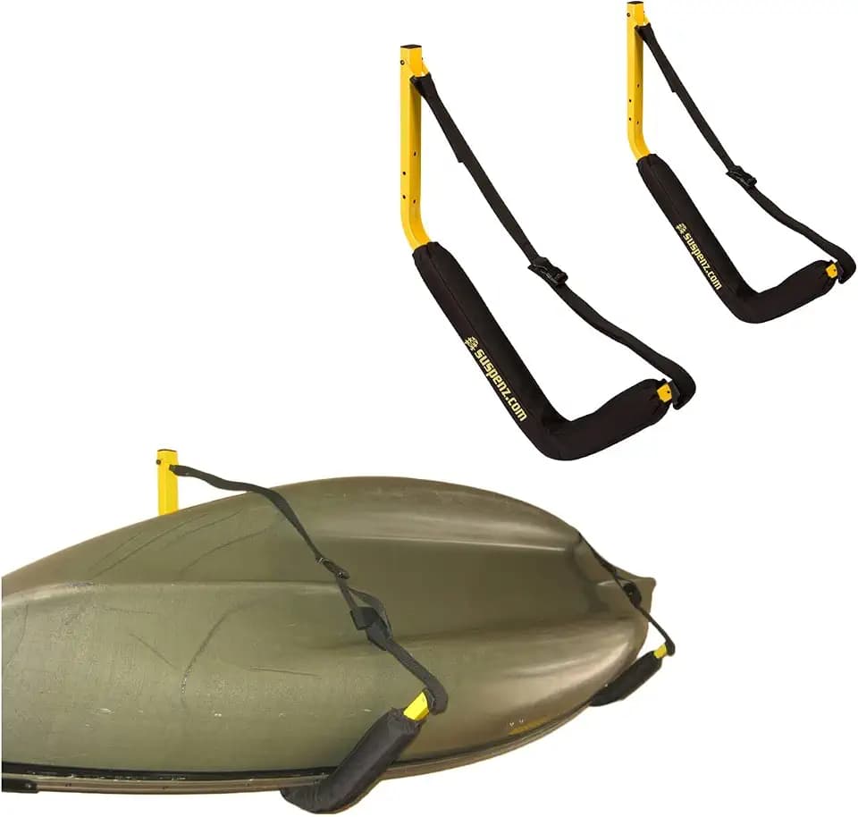 Suspenz Kayak Storage Rack, Big EZ Padded Wall Hangers/Hooks for Kayaks and Canoes, Indoor & Outdoor Wall Mounts, Powder-Coated Steel with Foam Pads & Safety Straps, Holds up to 150 lbs (12-2499)