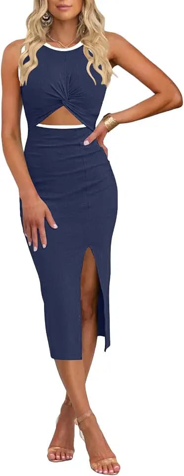 oten Women's Casual Sleeveless Cutout Twist Front Side Slit Midi Dresses
