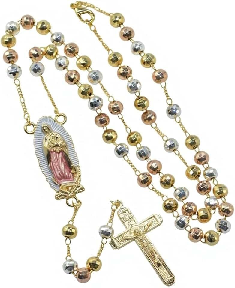 14K Gold Plated Beaded Rosary Cross Necklace for Women Men – 6MM Laser Beads Catholic Y-Necklace with San Judas & Guadalupe Pendant | Religious Jewelry Gift