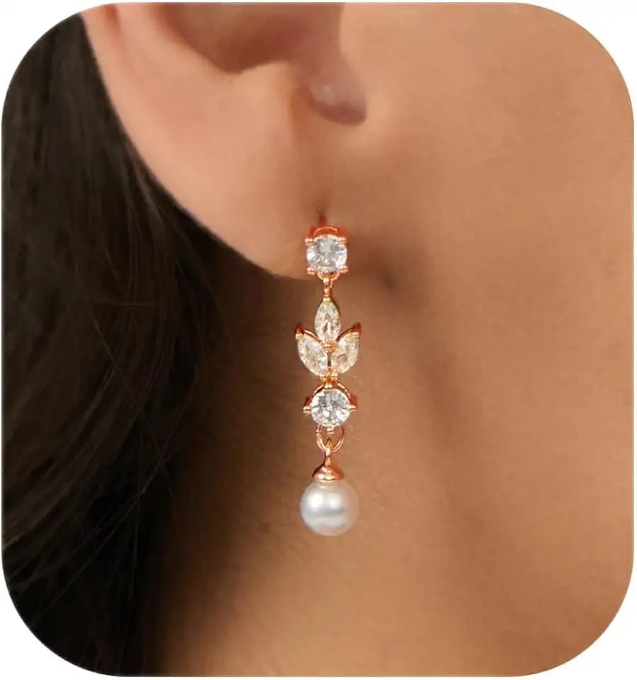 Pearl Earrings - 14K Gold/White Gold/Rose Gold Plated Cubic Zirconia CZ Diaomond Accented Pearl Drop Dangle Earrings for Women Wedding Bridal Prom