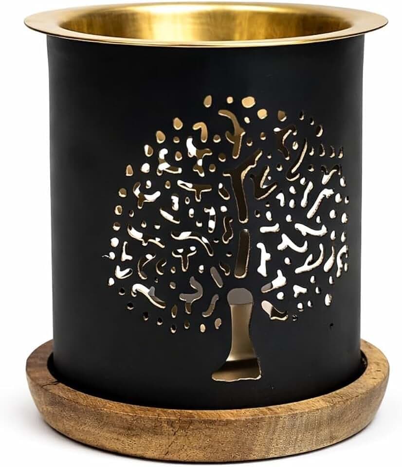 Aromalampe Baum des Lebens Metall mit Holzuntersetzer 9 x 8,5 cm