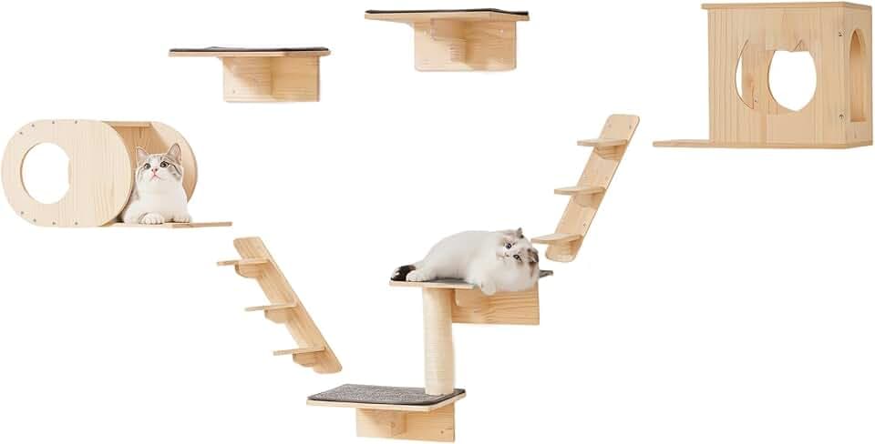 VEVOR Kletterwand, Katzenwandregale und Sitzstangen mit Sprungbrettern, Katzenbetten, Hängematten und Katzenbaum, Katzenmöbel und Regale bis zu 18 kg zum Schlafen, Spielen, Klettern, 7er-Set