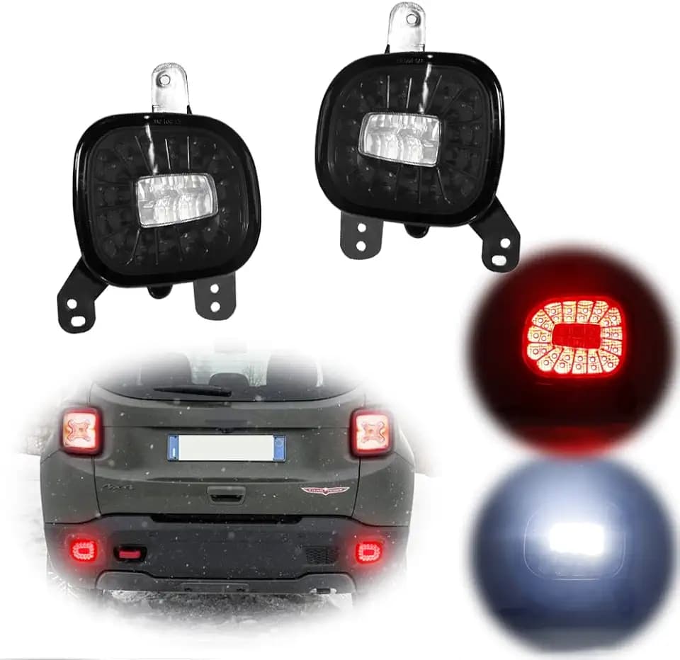 Smoked Lens LED Rear Bumper Reflectors Fog Tail Lamps with White Backup Reverse Lights Update Kit Compatible with 2015-2022 Jeep Renegade
