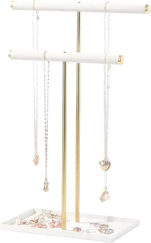 2 Tier Necklace Bracelet Holder Stand, Multi-Use Jewelry Display Organizer with Metal Tray, Velvet T-Bar Metal Necklace Organizer Stand, Jewelry Hanger Tower Rack for Men Women (Gold 15" Tall)