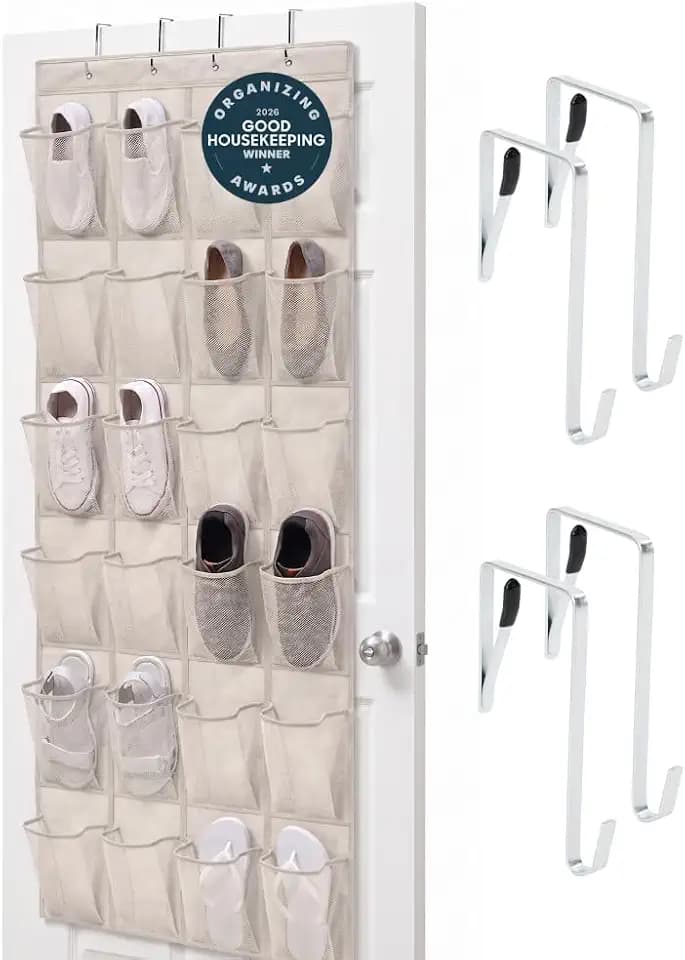GORILLA GRIP Over the Door Shoe Organizer, 24 Large Pockets, Linen
