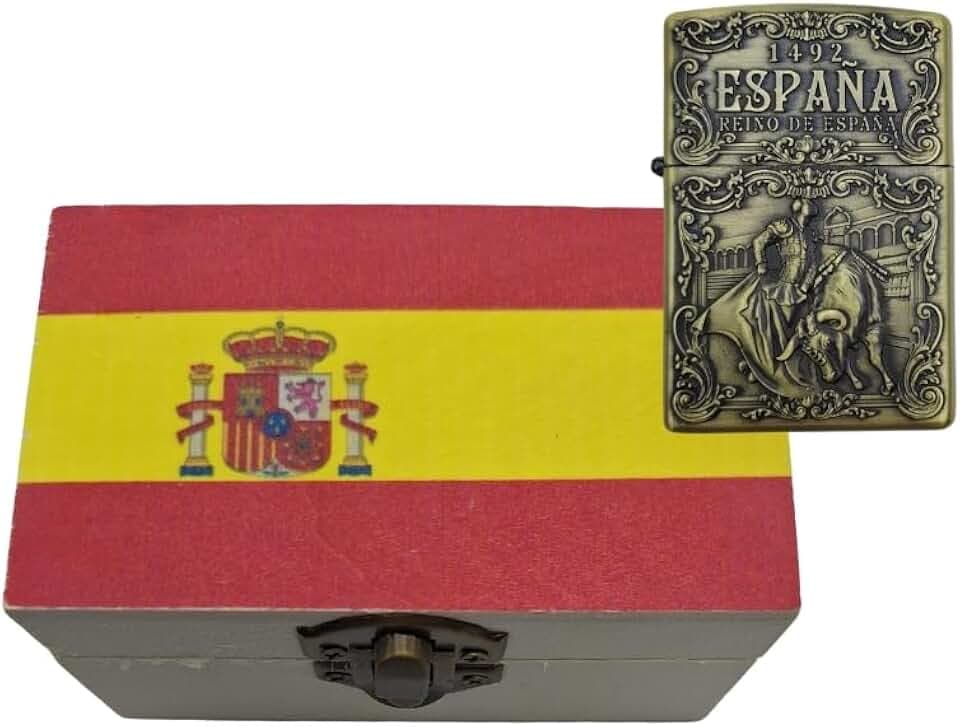 Goldenes wiederaufladbares Feuerzeug mit Stier und Stier. Lieferung in Holzbox mit spanischer Flagge