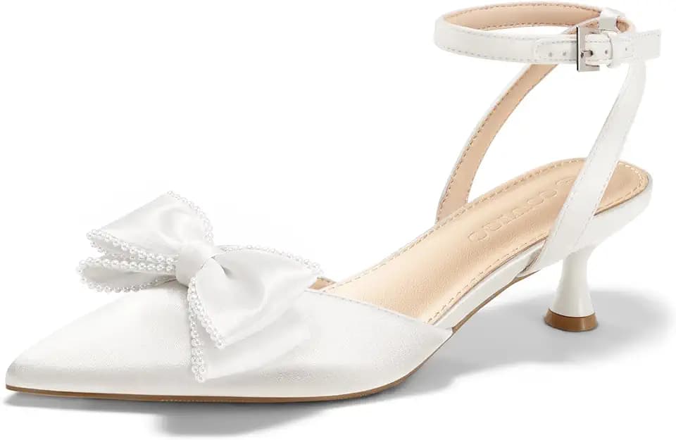 Coutgo Womens Satin Kitten Low Heels Bow Pearl Closed Pointed Toe Pumps Ankle Strap Wedding Dress Shoes
