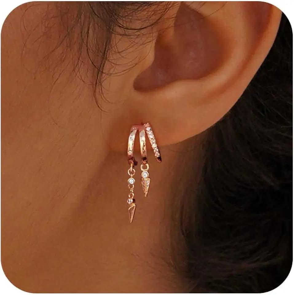 Dangle Earrings for Women,14k Gold Plated Triple Huggie Stud Earrings Cute Statement Chain Earring Dainty Drop Earrings for Women Trendy Gold Plated Jewelry
