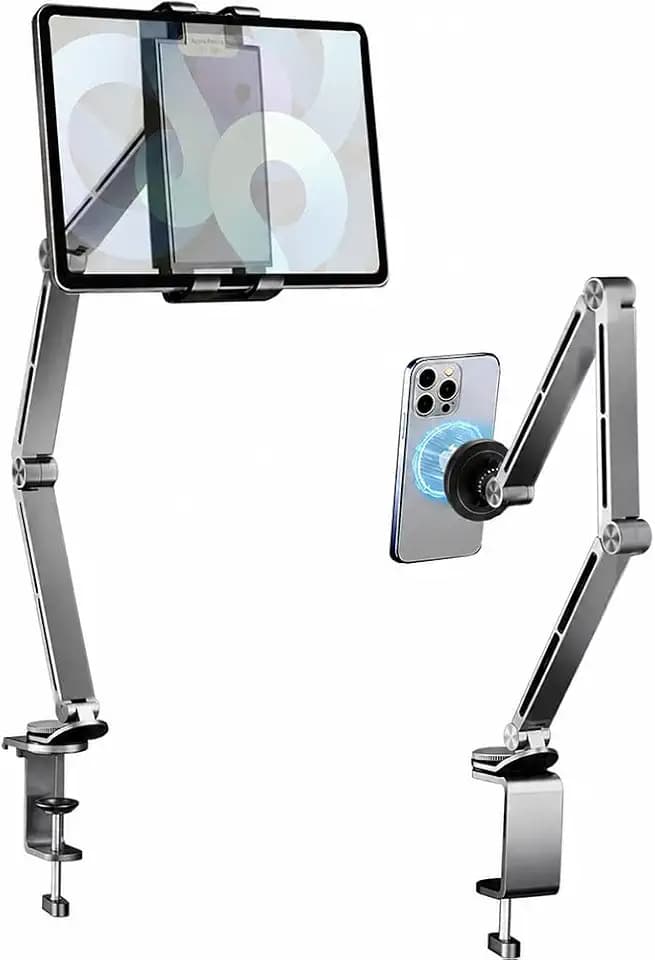 Magnetic Heavy Duty Metal Phone/Tablet Holder for Bed Adjustable Foldable Stand for Desk Aluminum Universal Lazy Bracket 360° Rotation Flexible Long Arm (Grey, Magnetic)