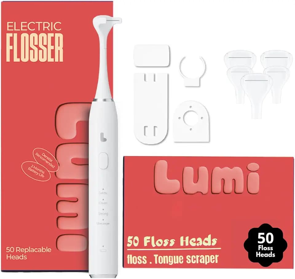 Lumi Electric Flosser | 2 in 1 Electric Flosser for Adults w/ 4 Speeds + 50 Replacement Heads - Dentist Recommended | Easy Glide Flossing for Gentle Gum Care, Tongue Scraper, Water Alternative flosser